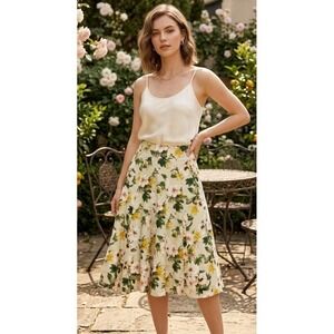 Premise Linen Blend Floral A-Line Midi Skirt Size 6 Yellow Green Botanical